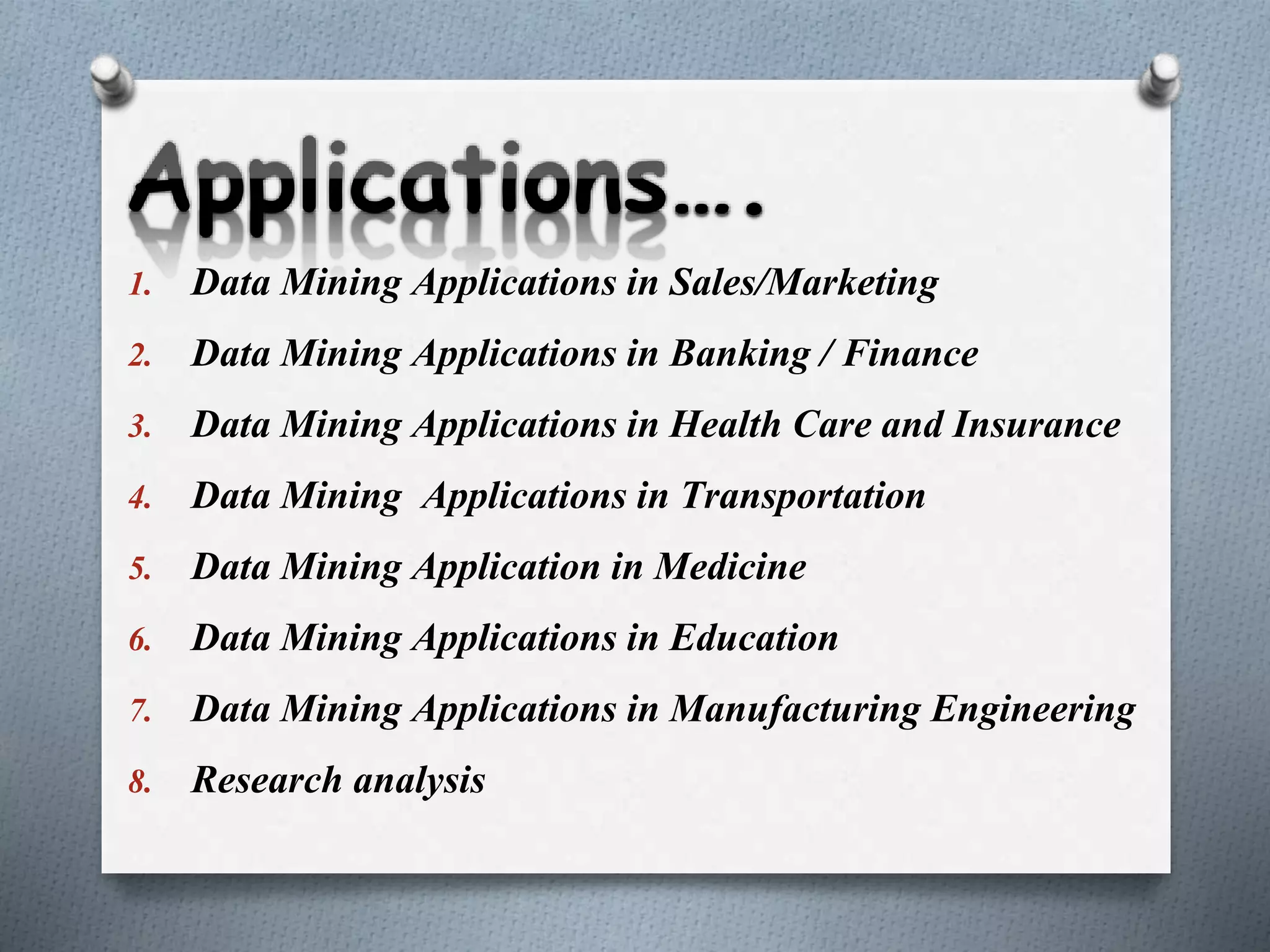 1. Data Mining Applications in Sales/Marketing
2. Data Mining Applications in Banking / Finance
3. Data Mining Applications in Health Care and Insurance
4. Data Mining Applications in Transportation
5. Data Mining Application in Medicine
6. Data Mining Applications in Education
7. Data Mining Applications in Manufacturing Engineering
8. Research analysis
 