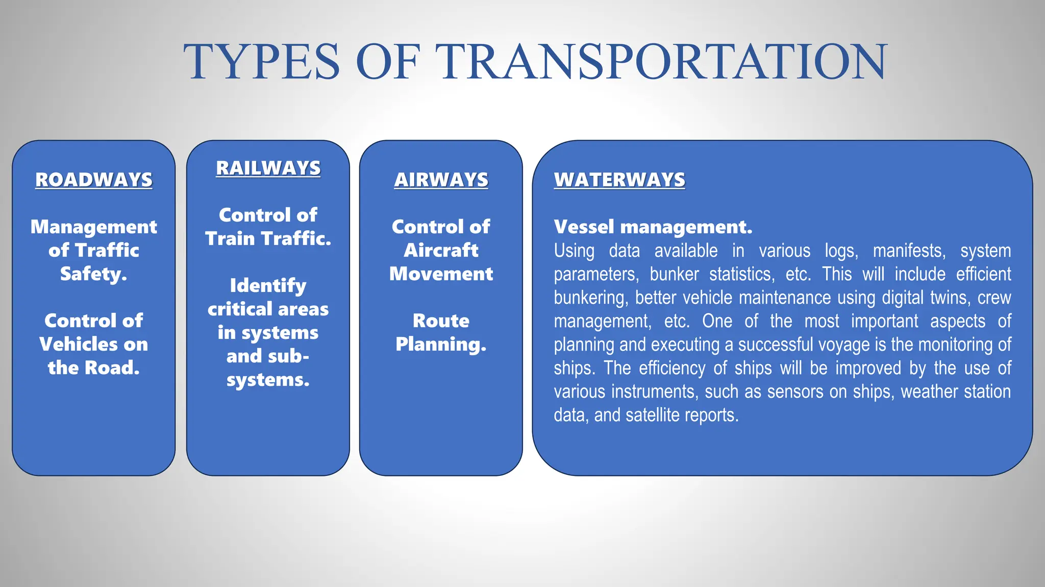 TYPES OF TRANSPORTATION
ROADWAYS
Management
of Traffic
Safety.
Control of
Vehicles on
the Road.
WATERWAYS
Vessel management.
Using data available in various logs, manifests, system
parameters, bunker statistics, etc. This will include efficient
bunkering, better vehicle maintenance using digital twins, crew
management, etc. One of the most important aspects of
planning and executing a successful voyage is the monitoring of
ships. The efficiency of ships will be improved by the use of
various instruments, such as sensors on ships, weather station
data, and satellite reports.
AIRWAYS
Control of
Aircraft
Movement
Route
Planning.
RAILWAYS
Control of
Train Traffic.
Identify
critical areas
in systems
and sub-
systems.
 