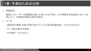 Leverages Marketing Department
● 問題設定
登録したユーザーの転職熱が高いか低いかを予測し、その情報を広告配信において活
用したい。予測値の更新は週次を想定。
● データ
・登録時の情報（年齢/学歴/性別/デバイス/希望転職時期）、アクセスログなど
・データ数は数千件程度
・不均衡データではない
1章：予測のための分析
11
 