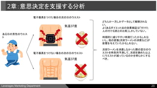 Leverages Marketing Department
2章：意思決定を支援する分析
20
ある日の男性のウエス
ト
電子器具をつけた場合の次の日のウエスト
電子器具をつけない場合の次の日のウエスト
どちらか一方しかデータとして観察されな
い。
よくあるダイエット法の効果検証は「付けた
人の付ける前との比較」しかしていない。
時期的に減りやすい時期だったかもしれな
いし、他の変数(次郎ラーメンの消費など)が
影響を与えていたかもしれない。
次郎ラーメンを消費しなかった際の翌日のウ
エストを時系列予測して、次郎を諦めた以上
にウエストが減っているのかを明らかにする
べき。
気温37度
気温37度
 