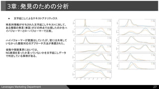 Leverages Marketing Department
3章：発見のための分析
● 文字起こしによるテキストアナリティクス
時系列情報が付与された文字起こしテキストに対して、
ある種類の発言（単語）がどの時点で出現したのかをハ
イパフォーマーとローパフォーマーで比較。
ハイパフォーマーが意識はしていたが、皆には共有して
いなかった顧客対応のアプローチ方法が発掘された。
金融や保険業界においては、
NG表現を言ったか言っていないかを文字起こしデータ
で判定している事例がある。
27
 