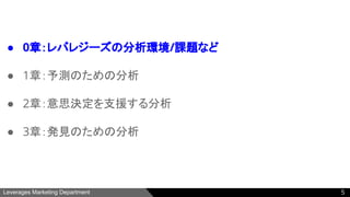 Leverages Marketing Department
● 0章：レバレジーズの分析環境/課題など
● 1章：予測のための分析
● 2章：意思決定を支援する分析
● 3章：発見のための分析
5
 