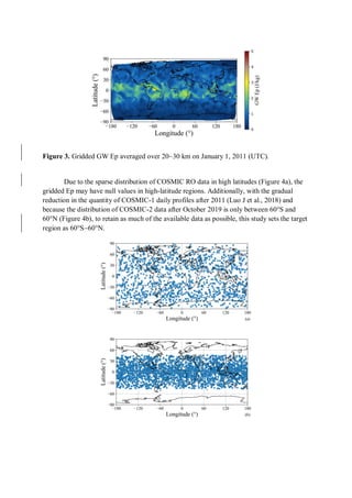 Figure 3. Gridded GW Ep averaged over 2030 km on January 1, 2011 (UTC).
Due to the sparse distribution of COSMIC RO data in high latitudes (Figure 4a), the
gridded Ep may have null values in high-latitude regions. Additionally, with the gradual
reduction in the quantity of COSMIC-1 daily profiles after 2011 (Luo J et al., 2018) and
because the distribution of COSMIC-2 data after October 2019 is only between 60°
S and
60°
N (Figure 4b), to retain as much of the available data as possible, this study sets the target
region as 60°
S60°
N.
 