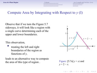 Area of a Plane Region Volume Arc Length and Surface Area
Compute Area by Integrating with Respect to y (I)
Observe that if we turn the Figure 5.7
sideways, it will look like a region with
a single curve determining each of the
upper and lower boundaries.
This observation,
treating the left and right
boundaries of the region as
functions of y,
leads to an alternative way to compute
the area of this type of region . Figure: [5.7a] y = x2 and
y = 2 − x.
 