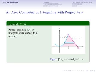 Area of a Plane Region Volume Arc Length and Surface Area
An Area Computed by Integrating with Respect to y
Example (1.5)
Repeat example 1.4, but
integrate with respect to y
instead.
Figure: [5.9] y = x2 and y = 2 − x.
 