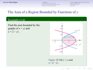 Area of a Plane Region Volume Arc Length and Surface Area
The Area of a Region Bounded by Functions of y
Example (1.6)
Find the area bounded by the
graphs of x = y2 and
x = 2 − y2 .
Figure: [5.10] x = y2 and
x = 2 − y2 .
 