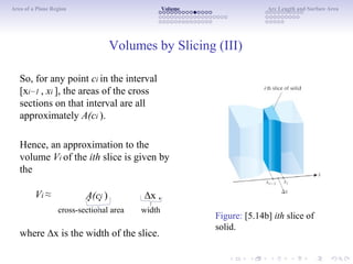 Area of a Plane Region Volume Arc Length and Surface Area
Volumes by Slicing (III)
So, for any point ci in the interval
[xi−1 , xi ], the areas of the cross
sections on that interval are all
approximately A(ci ).
Hence, an approximation to the
volume Vi of the ith slice is given by
the
Vi ≈ A(ci ) ∆x ,
Figure: [5.14b] ith slice of
solid.
cross-sectional area width
where ∆x is the width of the slice.
 