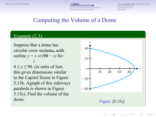 Area of a Plane Region Volume Arc Length and Surface Area
Computing the Volume of a Dome
Example (2.3)
Suppose that a dome has
circular cross sections, with
outline y = ± 45 (90 − x) for
2
0 ≤ x ≤ 90. (in units of feet,
this gives dimensions similar
to the Capitol Dome in Figure
5.13b. Agraph of this sideways
parabola is shown in Figure
5.15c). Find the volume of the
dome. Figure: [5.15c]
 
