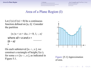 Area of a Plane Region Volume Arc Length and Surface Area
Area of a Plane Region (I)
Let f (x) (f (x) > 0) be a continuous
function deﬁned on [a, b]. Consider
the partition
{xi |xi = x0 + i∆x, i = 0, 1, ·, n}
On each subinterval [xi−1 , xi ], we
construct a rectangle of height f (ci ),
for some ci [x∈ i−1 , xi ], as indicated in
Figure 5.1.
Figure: [5.1] Approximation
of area.
where x0 = a and x =
(b − a)
n
.
 