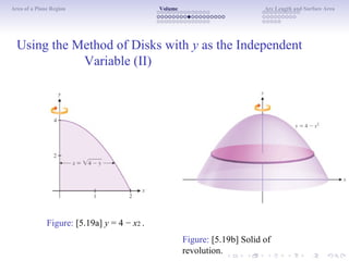 Area of a Plane Region Volume Arc Length and Surface Area
Using the Method of Disks with y as the Independent
Variable (II)
Figure: [5.19a] y = 4 − x2 .
Figure: [5.19b] Solid of
revolution.
 