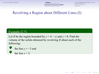 Area of a Plane Region Volume Arc Length and Surface Area
Revolving a Region about Different Lines (I)
Example (2.7)
Let R be the region bounded by y = 4 − x2 and y = 0. Find the
volume of the solids obtained by revolving R about each of the
following:
1
2
the line y = −3 and
the line x = 3.
 
