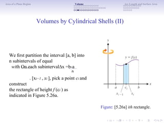 Area of a Plane Region Volume Arc Length and Surface Area
Volumes by Cylindrical Shells (II)
We ﬁrst partition the interval [a, b] into
n subintervals of equal
with On each subinterval∆x =b-a
. [xi−1 , xi ], pick a point ci and
construct
the rectangle of height f (ci ) as
indicated in Figure 5.26a.
Figure: [5.26a] ith rectangle.
n
 