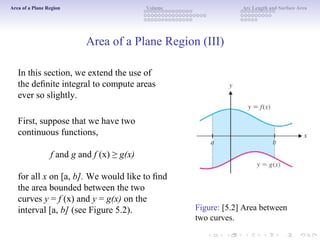 Area of a Plane Region Volume Arc Length and Surface Area
Area of a Plane Region (III)
In this section, we extend the use of
the deﬁnite integral to compute areas
ever so slightly.
First, suppose that we have two
continuous functions,
f and g and f (x) ≥ g(x)
for all x on [a, b]. We would like to ﬁnd
the area bounded between the two
curves y = f (x) and y = g(x) on the
interval [a, b] (see Figure 5.2). Figure: [5.2] Area between
two curves.
 