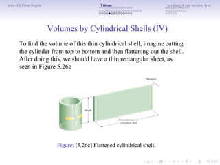 Area of a Plane Region Volume Arc Length and Surface Area
Volumes by Cylindrical Shells (IV)
To ﬁnd the volume of this thin cylindrical shell, imagine cutting
the cylinder from top to bottom and then ﬂattening out the shell.
After doing this, we should have a thin rectangular sheet, as
seen in Figure 5.26c
Figure: [5.26c] Flattened cylindrical shell.
 