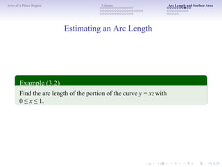 Area of a Plane Region Volume Arc Length and Surface Area
Estimating an Arc Length
Example (3.2)
Find the arc length of the portion of the curve y = x2 with
0 ≤ x ≤ 1.
 
