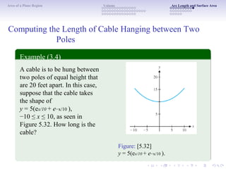Area of a Plane Region Volume Arc Length and Surface Area
Computing the Length of Cable Hanging between Two
Poles
Example (3.4)
A cable is to be hung between
two poles of equal height that
are 20 feet apart. In this case,
suppose that the cable takes
the shape of
y = 5(ex/10 + e−x/10 ),
−10 ≤ x ≤ 10, as seen in
Figure 5.32. How long is the
cable?
Figure: [5.32]
y = 5(ex/10 + e−x/10 ).
 