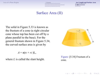 Area of a Plane Region Volume Arc Length and Surface Area
Surface Area (II)
The solid in Figure 5.33 is known as
the frustum of a cone (a right circular
cone whose top has been cut off by a
plane parallel to the base). For the
general frustum shown in Figure 5.34,
the curved surface area is given by
A = π(r1 + r2 )L,
where L is called the slant height.
Figure: [5.34] Frustum of a
cone.
 