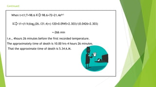 Continued:
When t=t1;T=98.6 98.6=72+21.4ekt1
t1=(1/k)loge(26./21.4)=(-120×0.0945×2.303)/(0.0426×2.303)
=-266 min
i.e., 4hours 26 minutes before the first recorded temperature.
The approximately time of death is 10.00 hrs-4 hours 26 minutes.
That the approximate time of death is 5.34 A.M.
 