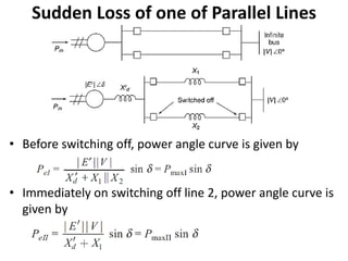 Sudden Loss of one of Parallel Lines
• Before switching off, power angle curve is given by
• Immediately on switching off line 2, power angle curve is
given by
 