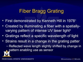Fiber Bragg Grating
• First demonstrated by Kenneth Hill in 19781
• Created by illuminating a fiber with a spatially-
varying pattern of intense UV laser light2
• Gratings reflect a specific wavelength of light
• Strains result in a change in the grating patter
– Reflected wave length slightly shifted by change in
pattern enabling use as sensor
 