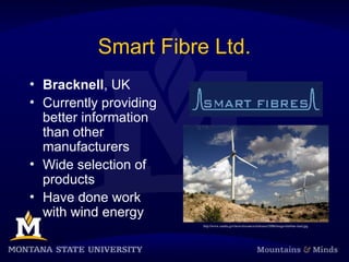 Smart Fibre Ltd.
• Bracknell, UK
• Currently providing
better information
than other
manufacturers
• Wide selection of
products
• Have done work
with wind energy
http://www.sandia.gov/news/resources/releases/2006/images/turbine-land.jpg
 