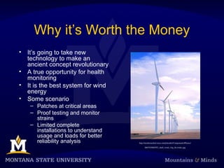 Why it’s Worth the Money
• It’s going to take new
technology to make an
ancient concept revolutionary
• A true opportunity for health
monitoring
• It is the best system for wind
energy
• Some scenario
– Patches at critical areas
– Proof testing and monitor
strains
– Limited complete
installations to understand
usage and loads for better
reliability analysis http://msnbcmedia4.msn.com/j/msnbc/Components/Photos/
060703/060703_shell_wind_vlrg_8a.widec.jpg
 