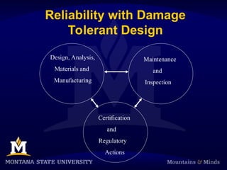 Reliability with Damage
Tolerant Design
Design, Analysis,
Materials and
Manufacturing
Maintenance
and
Inspection
Certification
and
Regulatory
Actions
 