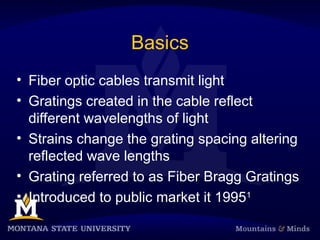 Basics
• Fiber optic cables transmit light
• Gratings created in the cable reflect
different wavelengths of light
• Strains change the grating spacing altering
reflected wave lengths
• Grating referred to as Fiber Bragg Gratings
• Introduced to public market it 19951
 