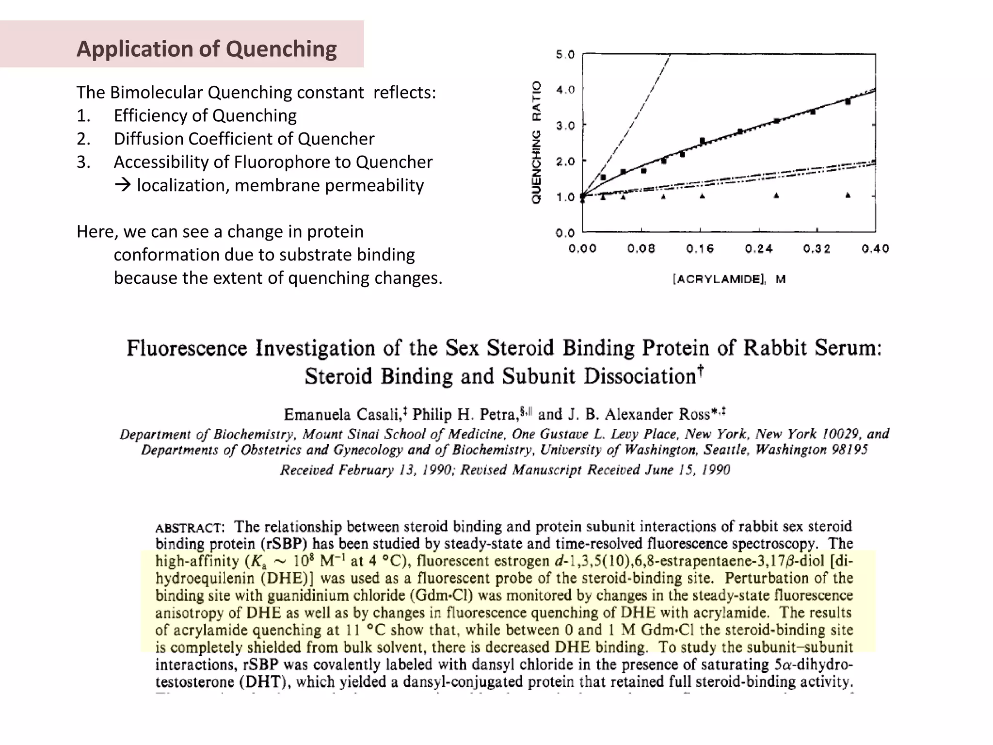 Application of Quenching
The Bimolecular Quenching constant reflects:
1. Efficiency of Quenching
2. Diffusion Coefficient of Quencher
3. Accessibility of Fluorophore to Quencher
     localization, membrane permeability

Here, we can see a change in protein
    conformation due to substrate binding
    because the extent of quenching changes.
 