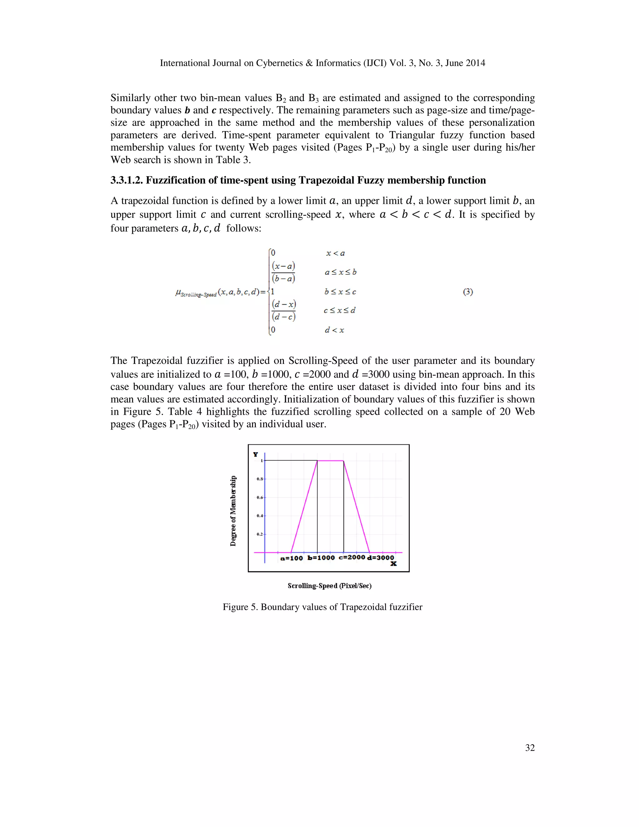 International Journal on Cybernetics & Informatics (IJCI) Vol. 3, No. 3, June 2014 32 Similarly other two bin-mean values B2 and B3 are estimated and assigned to the corresponding boundary values ࢈ and ࢉ respectively. The remaining parameters such as page-size and time/page- size are approached in the same method and the membership values of these personalization parameters are derived. Time-spent parameter equivalent to Triangular fuzzy function based membership values for twenty Web pages visited (Pages P1-P20) by a single user during his/her Web search is shown in Table 3. 3.3.1.2. Fuzzification of time-spent using Trapezoidal Fuzzy membership function A trapezoidal function is defined by a lower limit ܽ, an upper limit ݀, a lower support limit ܾ, an upper support limit ܿ and current scrolling-speed ‫ݔ‬, where ܽ < ܾ < ܿ < ݀. It is specified by four parameters ܽ, ܾ, ܿ, ݀ follows: The Trapezoidal fuzzifier is applied on Scrolling-Speed of the user parameter and its boundary values are initialized to ܽ =100, ܾ =1000, ܿ =2000 and ݀ =3000 using bin-mean approach. In this case boundary values are four therefore the entire user dataset is divided into four bins and its mean values are estimated accordingly. Initialization of boundary values of this fuzzifier is shown in Figure 5. Table 4 highlights the fuzzified scrolling speed collected on a sample of 20 Web pages (Pages P1-P20) visited by an individual user. Figure 5. Boundary values of Trapezoidal fuzzifier 