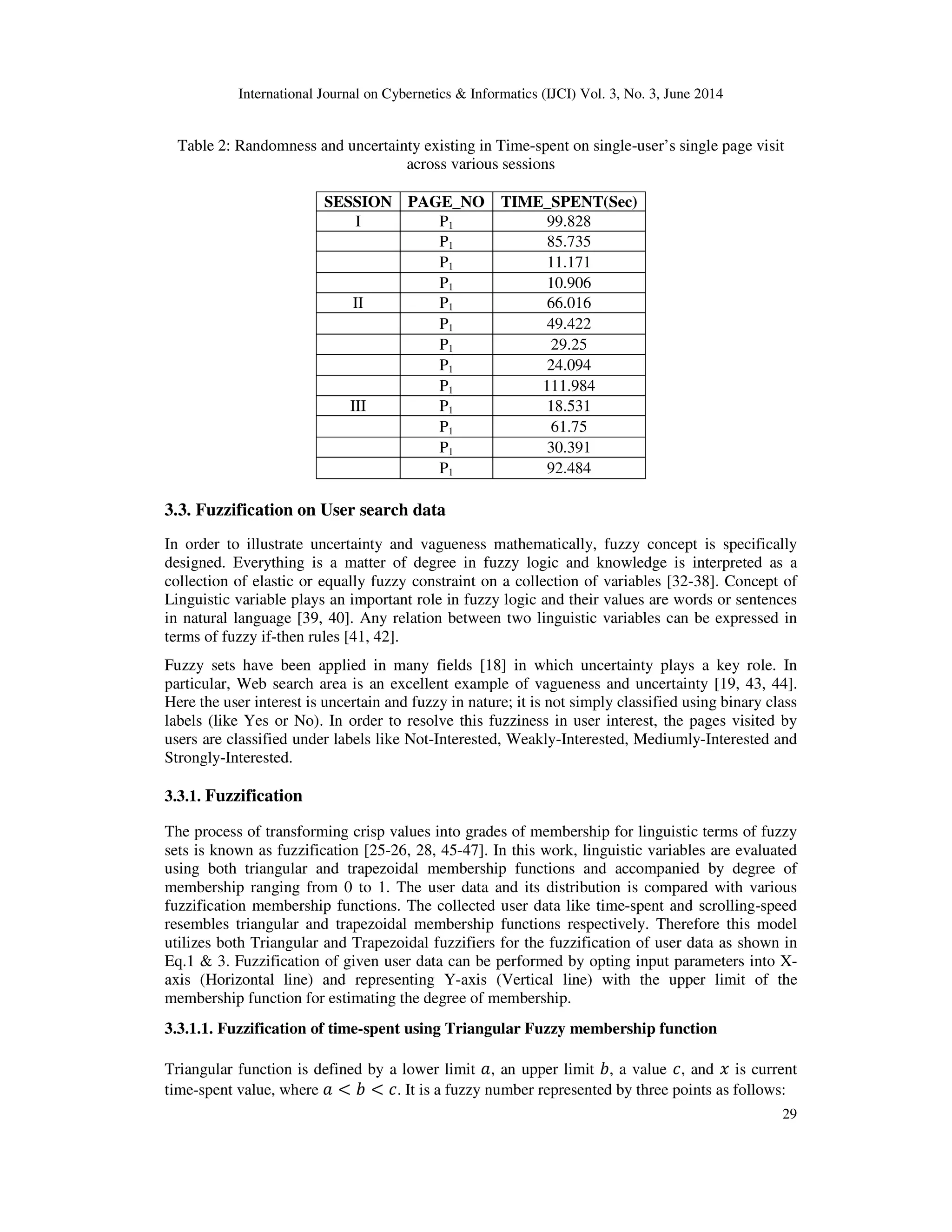 International Journal on Cybernetics & Informatics (IJCI) Vol. 3, No. 3, June 2014 29 Table 2: Randomness and uncertainty existing in Time-spent on single-user’s single page visit across various sessions SESSION PAGE_NO TIME_SPENT(Sec) I P1 99.828 P1 85.735 P1 11.171 P1 10.906 II P1 66.016 P1 49.422 P1 29.25 P1 24.094 P1 111.984 III P1 18.531 P1 61.75 P1 30.391 P1 92.484 3.3. Fuzzification on User search data In order to illustrate uncertainty and vagueness mathematically, fuzzy concept is specifically designed. Everything is a matter of degree in fuzzy logic and knowledge is interpreted as a collection of elastic or equally fuzzy constraint on a collection of variables [32-38]. Concept of Linguistic variable plays an important role in fuzzy logic and their values are words or sentences in natural language [39, 40]. Any relation between two linguistic variables can be expressed in terms of fuzzy if-then rules [41, 42]. Fuzzy sets have been applied in many fields [18] in which uncertainty plays a key role. In particular, Web search area is an excellent example of vagueness and uncertainty [19, 43, 44]. Here the user interest is uncertain and fuzzy in nature; it is not simply classified using binary class labels (like Yes or No). In order to resolve this fuzziness in user interest, the pages visited by users are classified under labels like Not-Interested, Weakly-Interested, Mediumly-Interested and Strongly-Interested. 3.3.1. Fuzzification The process of transforming crisp values into grades of membership for linguistic terms of fuzzy sets is known as fuzzification [25-26, 28, 45-47]. In this work, linguistic variables are evaluated using both triangular and trapezoidal membership functions and accompanied by degree of membership ranging from 0 to 1. The user data and its distribution is compared with various fuzzification membership functions. The collected user data like time-spent and scrolling-speed resembles triangular and trapezoidal membership functions respectively. Therefore this model utilizes both Triangular and Trapezoidal fuzzifiers for the fuzzification of user data as shown in Eq.1 & 3. Fuzzification of given user data can be performed by opting input parameters into X- axis (Horizontal line) and representing Y-axis (Vertical line) with the upper limit of the membership function for estimating the degree of membership. 3.3.1.1. Fuzzification of time-spent using Triangular Fuzzy membership function Triangular function is defined by a lower limit ܽ, an upper limit ܾ, a value ܿ, and ‫ݔ‬ is current time-spent value, where ܽ < ܾ < ܿ. It is a fuzzy number represented by three points as follows: 
