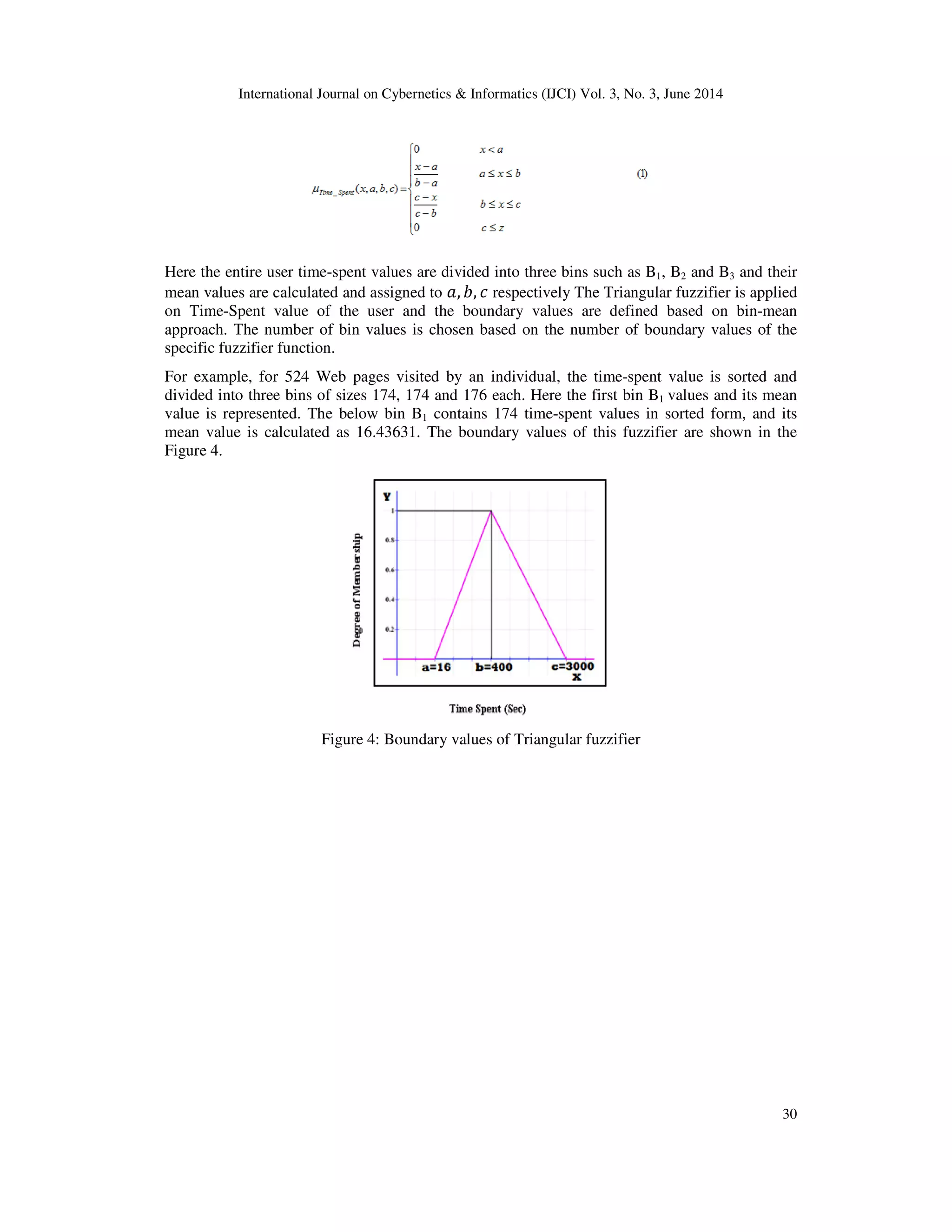 International Journal on Cybernetics & Informatics (IJCI) Vol. 3, No. 3, June 2014 30 Here the entire user time-spent values are divided into three bins such as B1, B2 and B3 and their mean values are calculated and assigned to ܽ, ܾ, ܿ respectively The Triangular fuzzifier is applied on Time-Spent value of the user and the boundary values are defined based on bin-mean approach. The number of bin values is chosen based on the number of boundary values of the specific fuzzifier function. For example, for 524 Web pages visited by an individual, the time-spent value is sorted and divided into three bins of sizes 174, 174 and 176 each. Here the first bin B1 values and its mean value is represented. The below bin B1 contains 174 time-spent values in sorted form, and its mean value is calculated as 16.43631. The boundary values of this fuzzifier are shown in the Figure 4. Figure 4: Boundary values of Triangular fuzzifier 