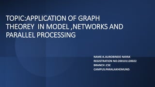 TOPIC:APPLICATION OF GRAPH
THEOREY IN MODEL ,NETWORKS AND
PARALLEL PROCESSING
NAME:K.AUROBINDO NAYAK
REGISTRATION NO:200101120022
BRANCH :CSE
CAMPUS:PARALAKHEMUNDI
 