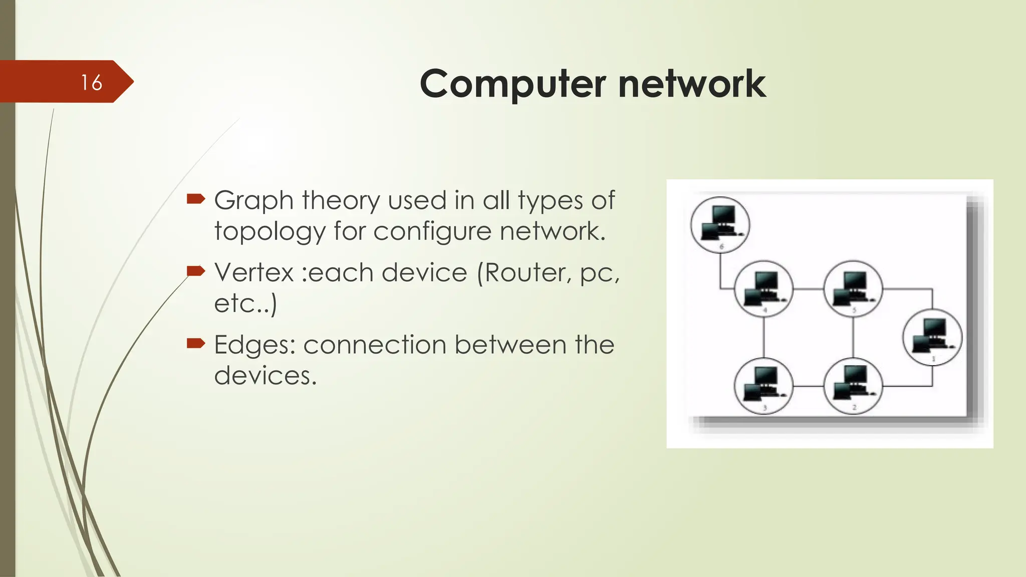 16 Computer network
 Graph theory used in all types of
topology for configure network.
 Vertex :each device (Router, pc,
etc..)
 Edges: connection between the
devices.
 