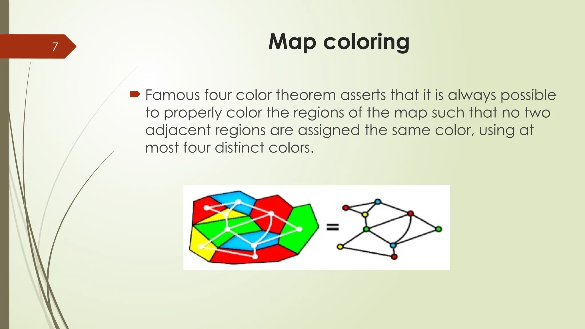 7 Map coloring
 Famous four color theorem asserts that it is always possible
to properly color the regions of the map such that no two
adjacent regions are assigned the same color, using at
most four distinct colors.
 
