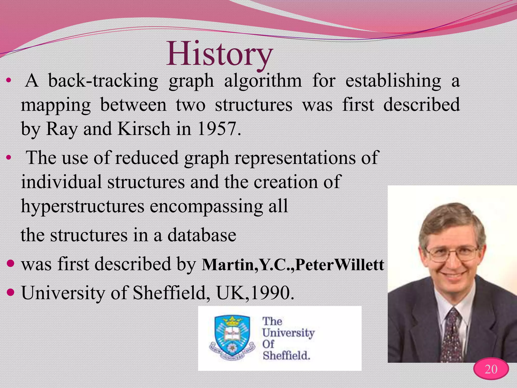 History
• A back-tracking graph algorithm for establishing a
mapping between two structures was first described
by Ray and Kirsch in 1957.
• The use of reduced graph representations of
individual structures and the creation of
hyperstructures encompassing all
the structures in a database
 was first described by Martin,Y.C.,PeterWillett
 University of Sheffield, UK,1990.
20
 