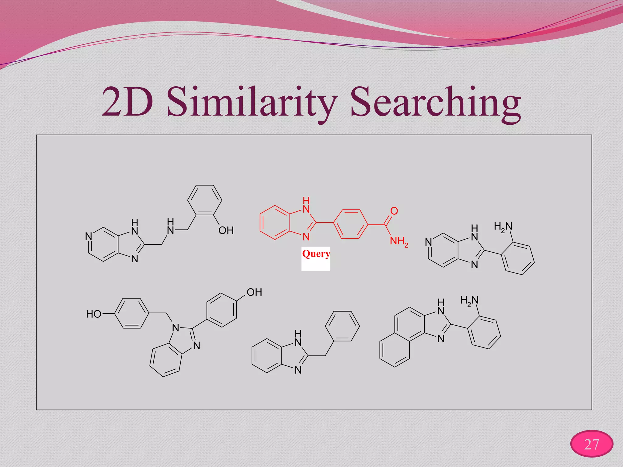 2D Similarity Searching
OH
N
N
OH
N
H
N NH2
O
N
N
H
N
NH2
N
H
N
NH2
N
H
N
N
N
H
N
N
H
OH
Query
27
 