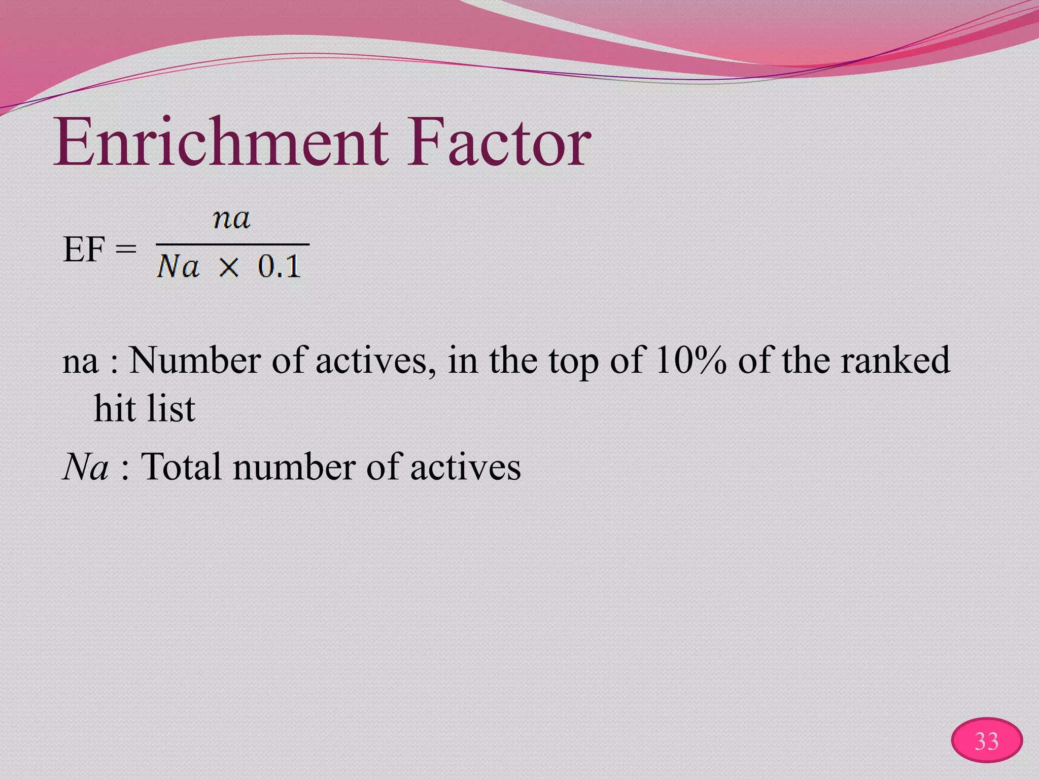 Enrichment Factor
EF =
na : Number of actives, in the top of 10% of the ranked
hit list
Na : Total number of actives
33
 