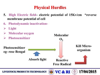 Physical Hurdles
5. High Electric field– electric potential of 15Kv/cm *reverse
membrane potential of cell
6. Photodynamic inactivation-
 Light
 Molecular oxygen
 Photosensitizer
Photosensitizer
eg- rose Bengal
Absorb light
Molecular
O2
Reactive
Free Radical
Kill Micro-
organism
 