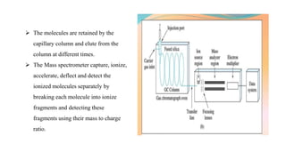  The molecules are retained by the
capillary column and elute from the
column at different times.
 The Mass spectrometer capture, ionize,
accelerate, deflect and detect the
ionized molecules separately by
breaking each molecule into ionize
fragments and detecting these
fragments using their mass to charge
ratio.
 