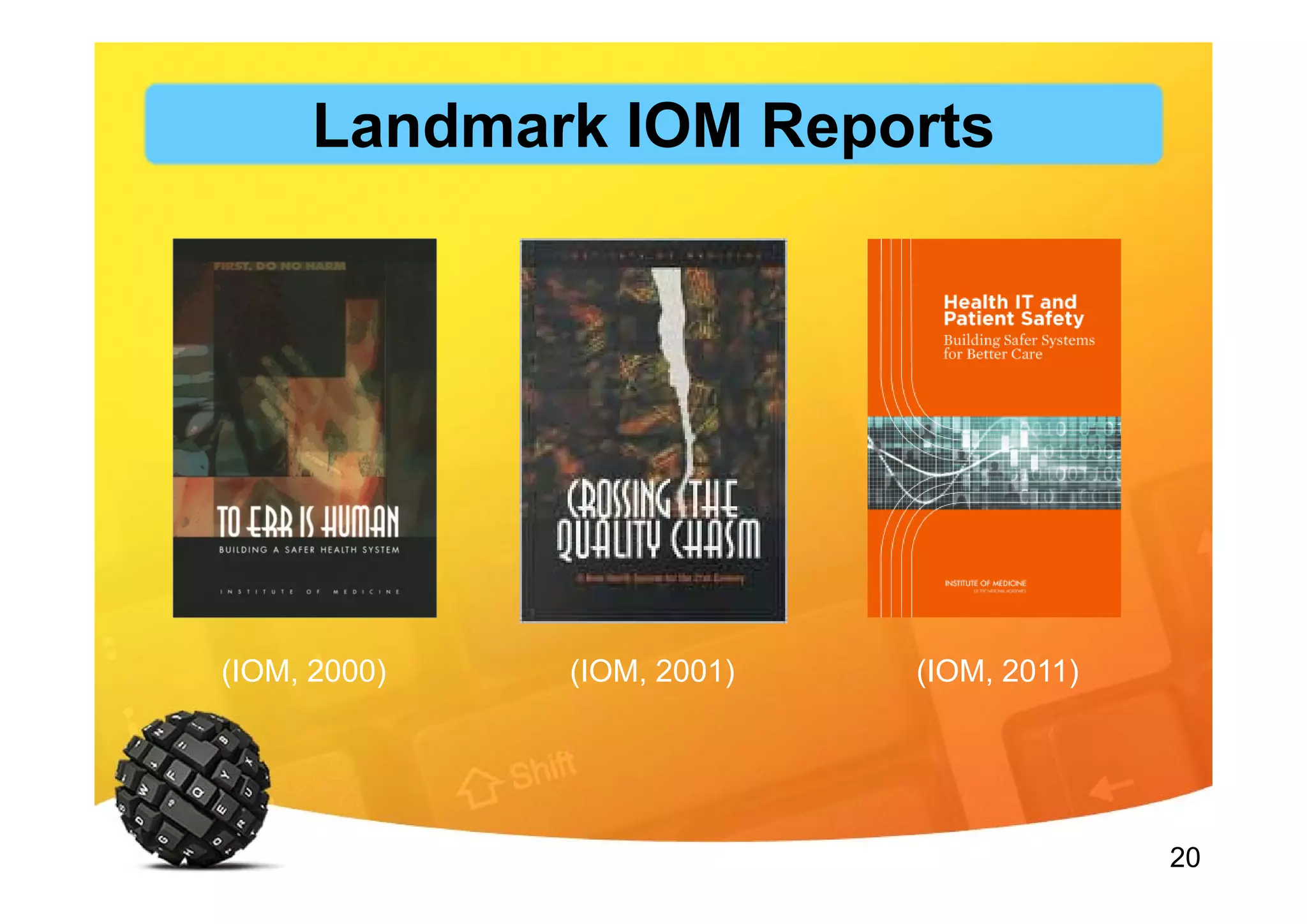 20
(IOM, 2001)(IOM, 2000) (IOM, 2011)
Landmark IOM Reports
 