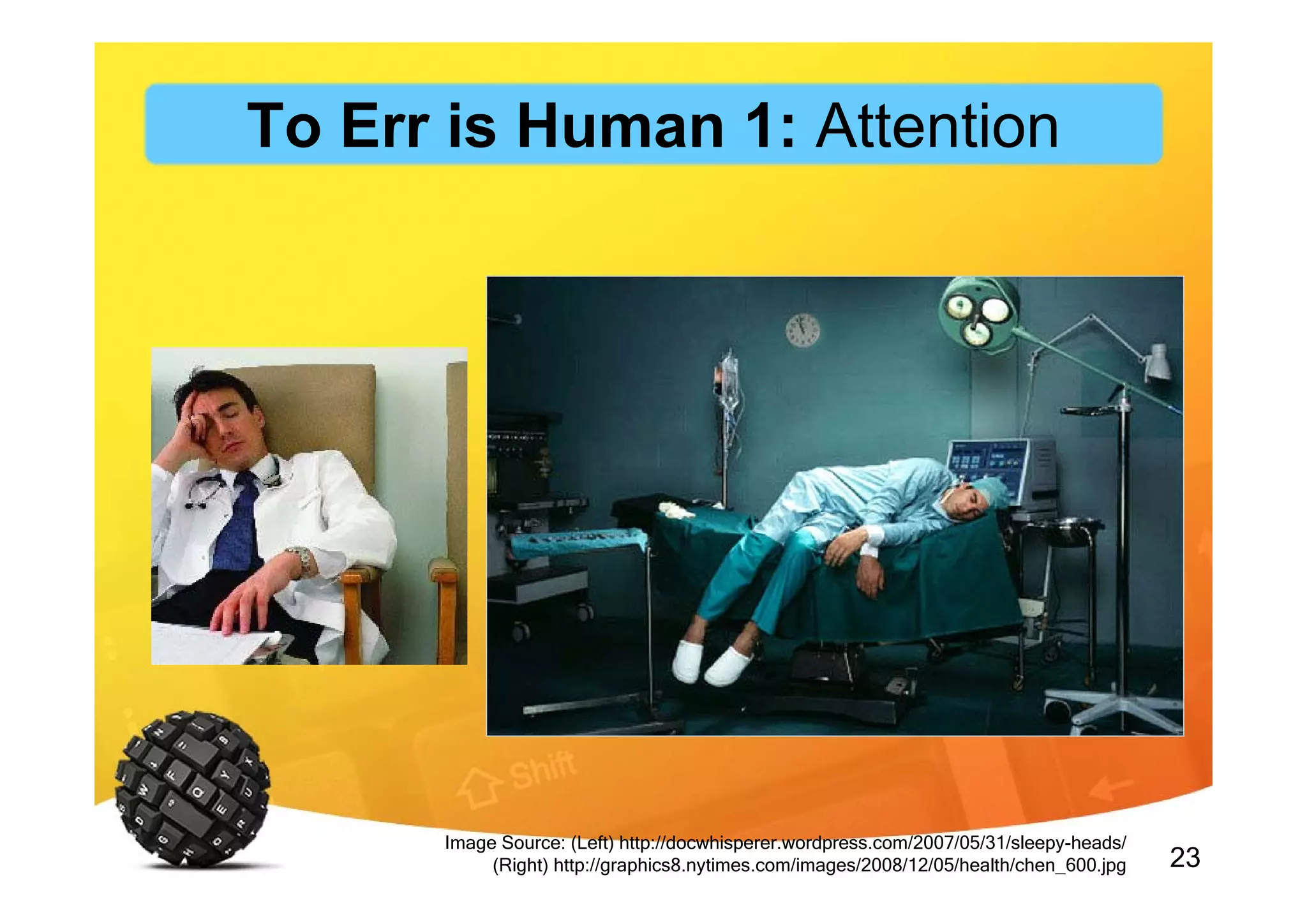 23
Image Source: (Left) http://docwhisperer.wordpress.com/2007/05/31/sleepy-heads/
(Right) http://graphics8.nytimes.com/images/2008/12/05/health/chen_600.jpg
To Err is Human 1: Attention
 