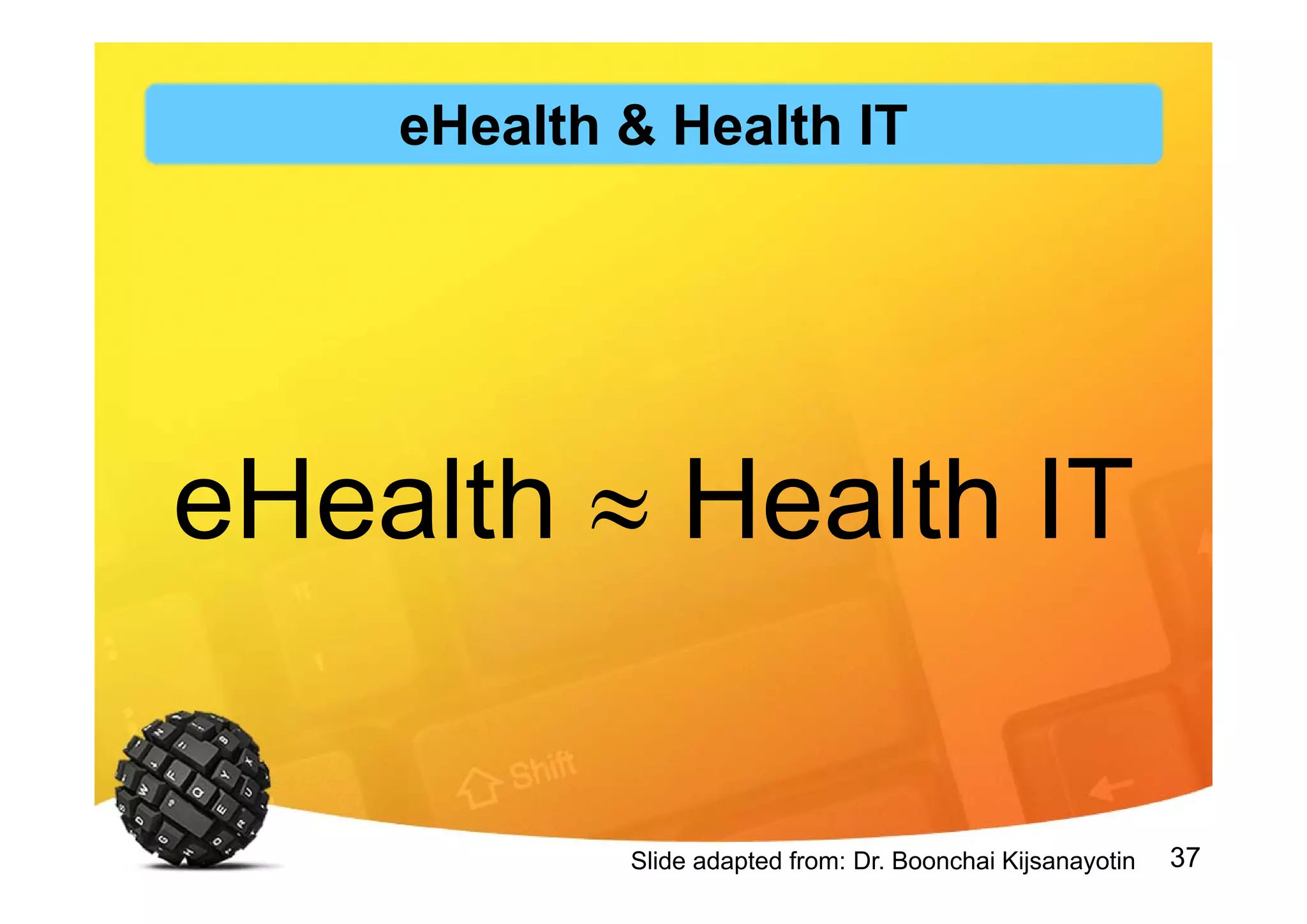 37
eHealth  Health IT
Slide adapted from: Dr. Boonchai Kijsanayotin
eHealth & Health IT
 