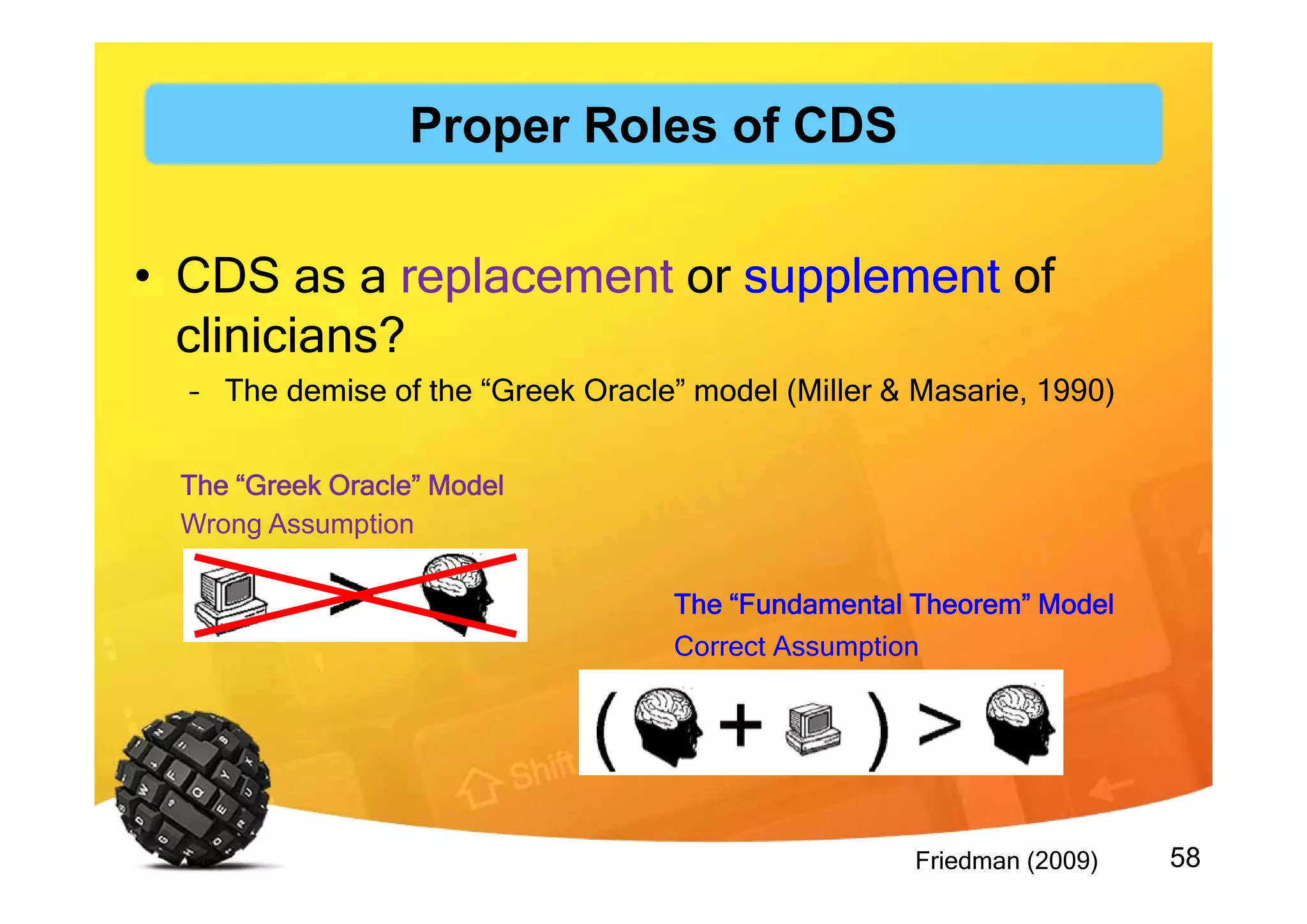 58
• CDS as a replacement or supplement of
clinicians?
– The demise of the “Greek Oracle” model (Miller & Masarie, 1990)
The “Greek Oracle” Model
The “Fundamental Theorem” Model
Friedman (2009)
Wrong Assumption
Correct Assumption
Proper Roles of CDS
 