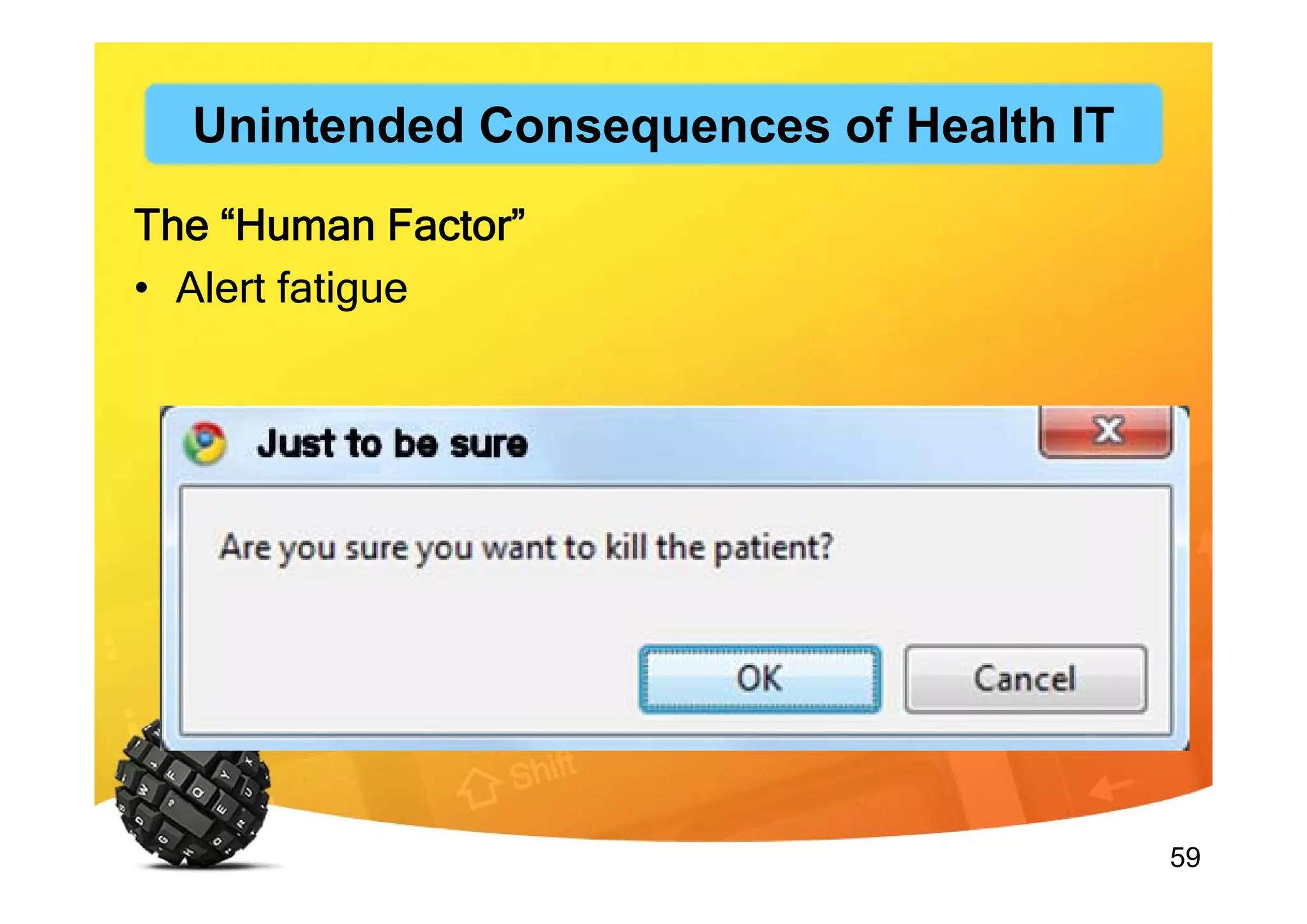 59
The “Human Factor”
• Alert fatigue
Unintended Consequences of Health IT
 