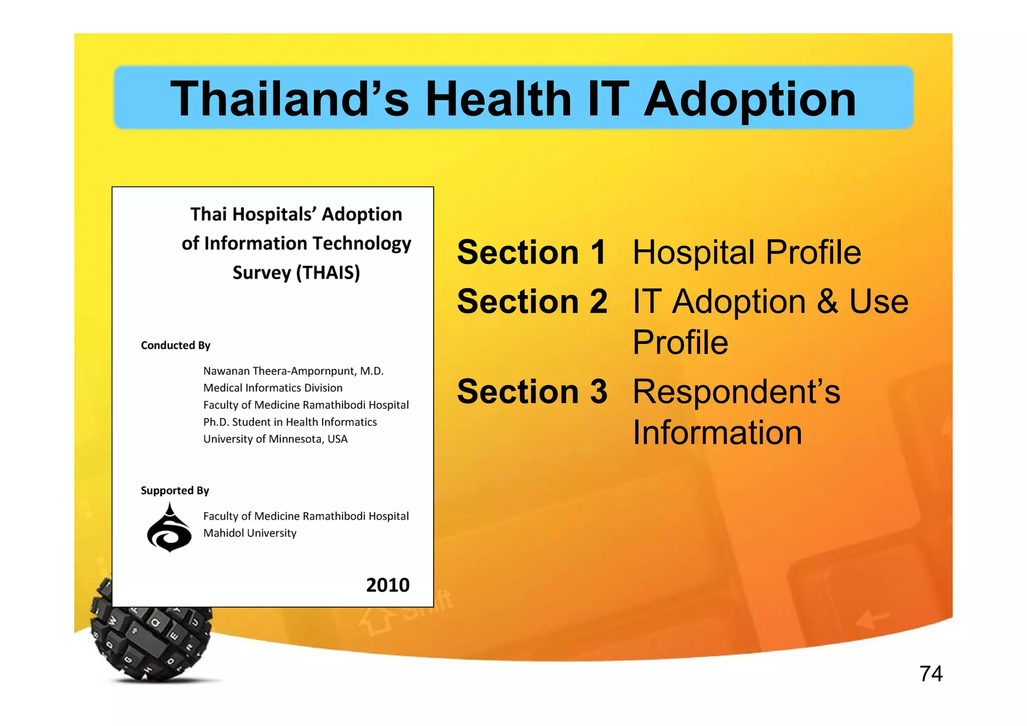 74
Section 1 Hospital Profile
Section 2 IT Adoption & Use
Profile
Section 3 Respondent’s
Information
Thailand’s Health IT Adoption
 