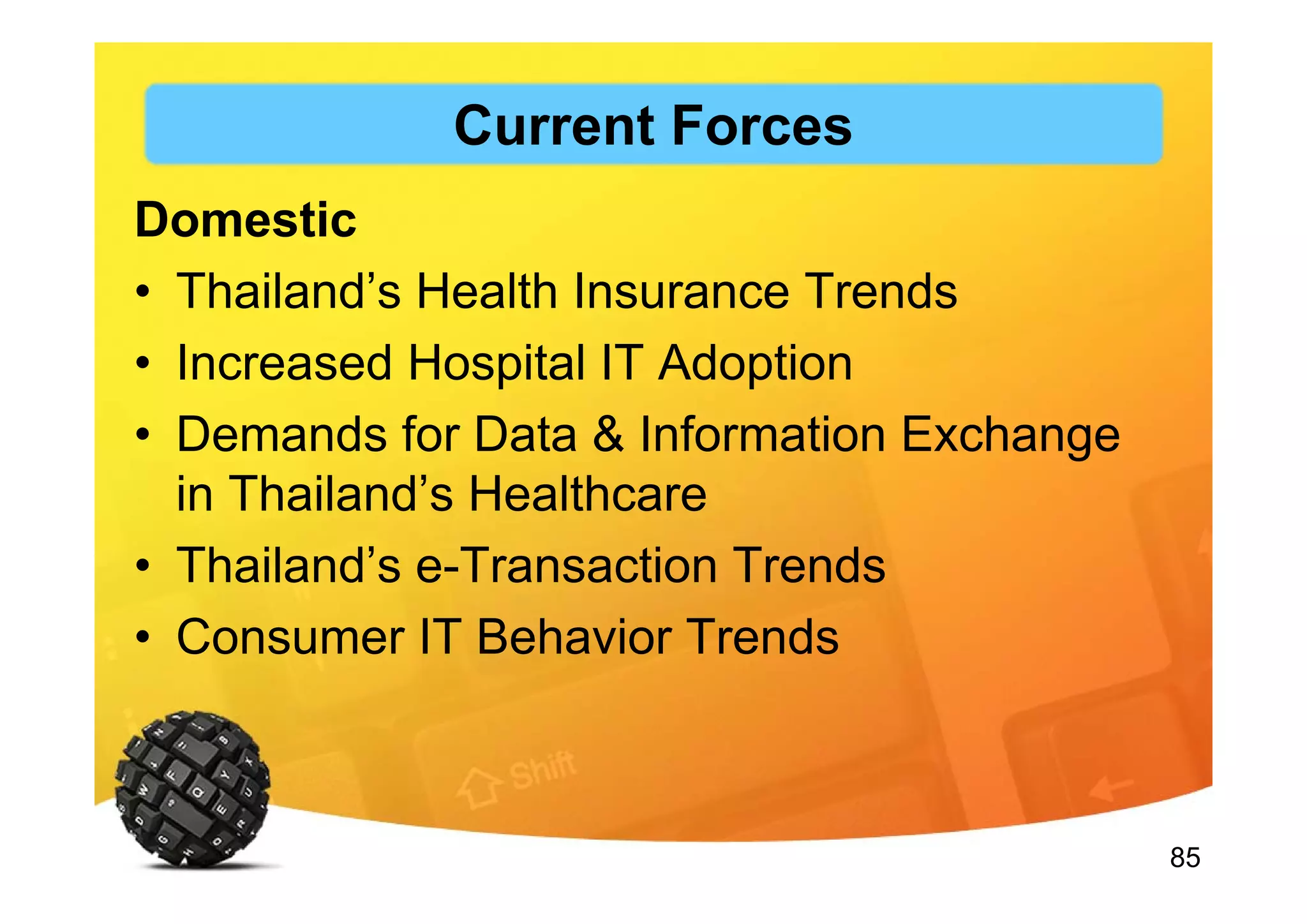 85
Domestic
• Thailand’s Health Insurance Trends
• Increased Hospital IT Adoption
• Demands for Data & Information Exchange
in Thailand’s Healthcare
• Thailand’s e-Transaction Trends
• Consumer IT Behavior Trends
Current Forces
 