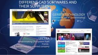 DIFFERENT CAD SOFTWARES AND
THEIR SUPPLIERS
GERBER TECHNOLOGY
Considered the #1 patternmaking
CAD system today.
LECTRA
Patternmaking CAD system from
France.
A fashion industry oriented company
.
 