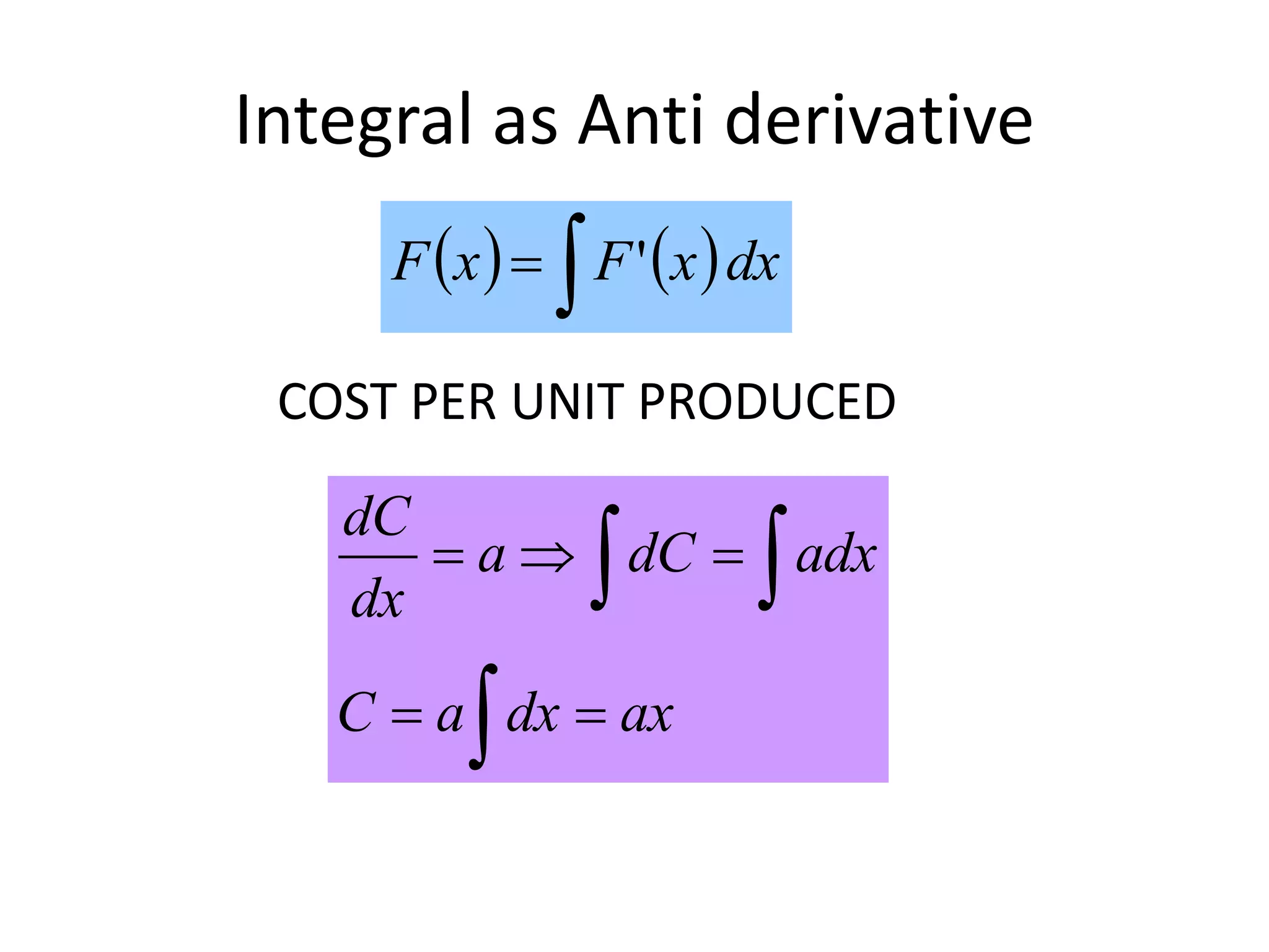 Integral as Anti derivative
   dxxFxF '

 


axdxaC
adxdCa
dx
dC
COST PER UNIT PRODUCED
 