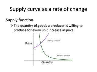 Supply curve as a rate of change
Supply function
The quantity of goods a producer is willing to
produce for every unit increase in price
 